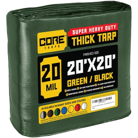 Core Tarps Heavy Duty Tarp, 20 ft L x 0.5 mm H x 20 ft W, 20 Mil, Green/Black, Polyethylene CT-703-20X20